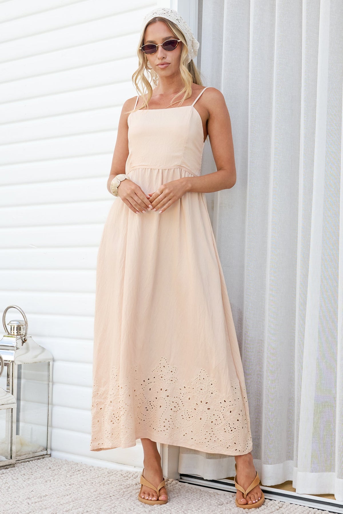Matilda Midi Dress - Broadleaf Eyelet Embroidered A Line Dress with Adjustable Straps in Cream