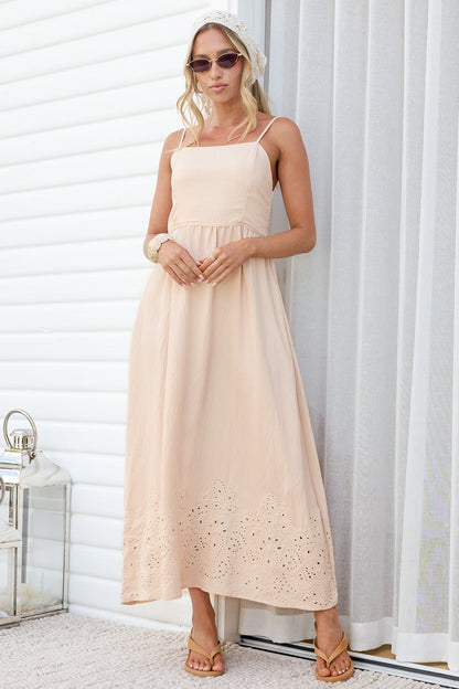 Matilda Midi Dress - Broadleaf Eyelet Embroidered A Line Dress with Adjustable Straps in Cream