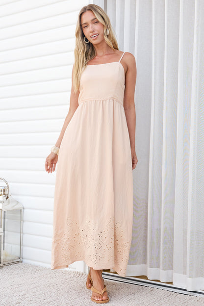 Matilda Midi Dress - Broadleaf Eyelet Embroidered A Line Dress with Adjustable Straps in Cream