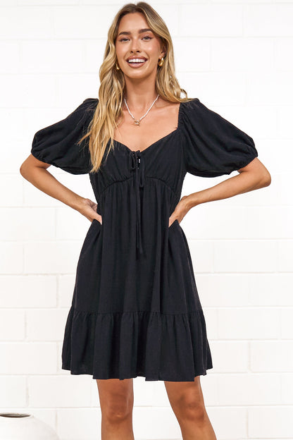 Michi Mini Dress - Sweetheart Neckline Mini with Tie Detail and Puff Sleeves in Black