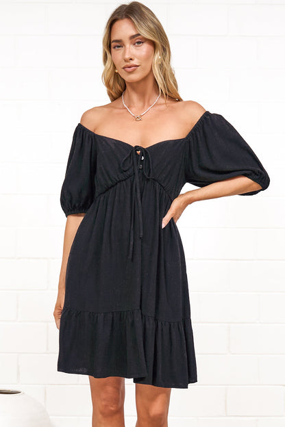 Michi Mini Dress - Sweetheart Neckline Mini with Tie Detail and Puff Sleeves in Black