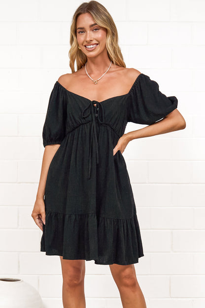 Michi Mini Dress - Sweetheart Neckline Mini with Tie Detail and Puff Sleeves in Black