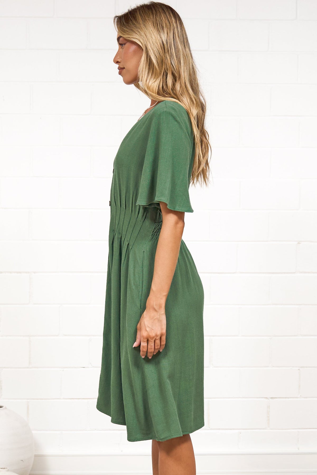 Karin Mini Dress - V Neck Flutter Sleeve Mini with Decorative Front Button Placket in Green