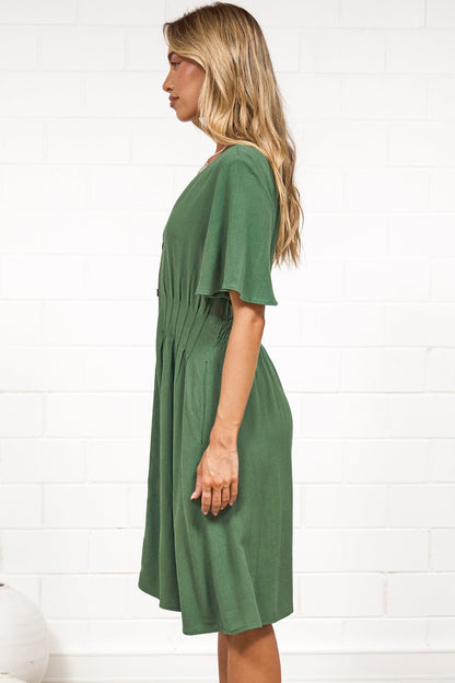 Karin Mini Dress - V Neck Flutter Sleeve Mini with Decorative Front Button Placket in Green