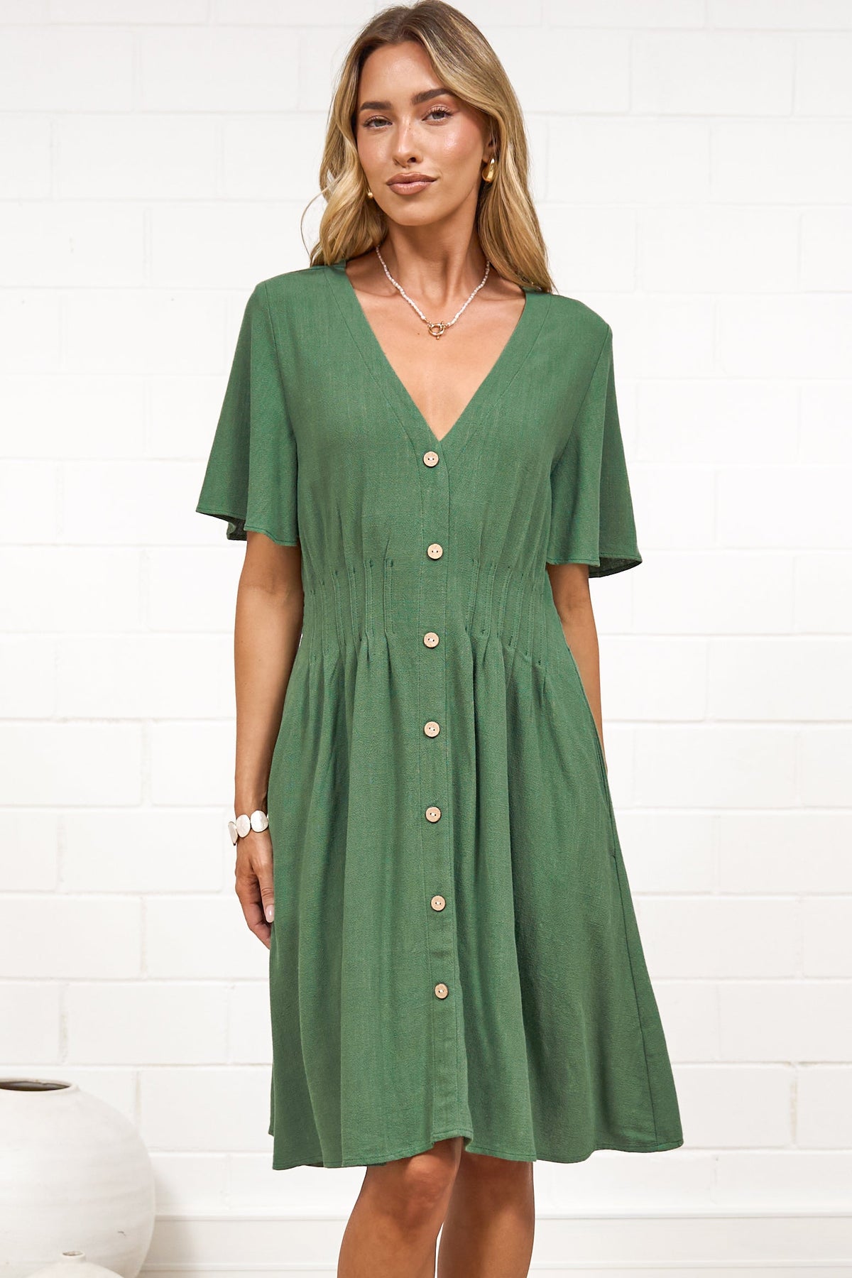 Karin Mini Dress - V Neck Flutter Sleeve Mini with Decorative Front Button Placket in Green