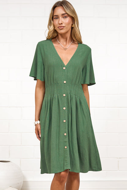 Karin Mini Dress - V Neck Flutter Sleeve Mini with Decorative Front Button Placket in Green