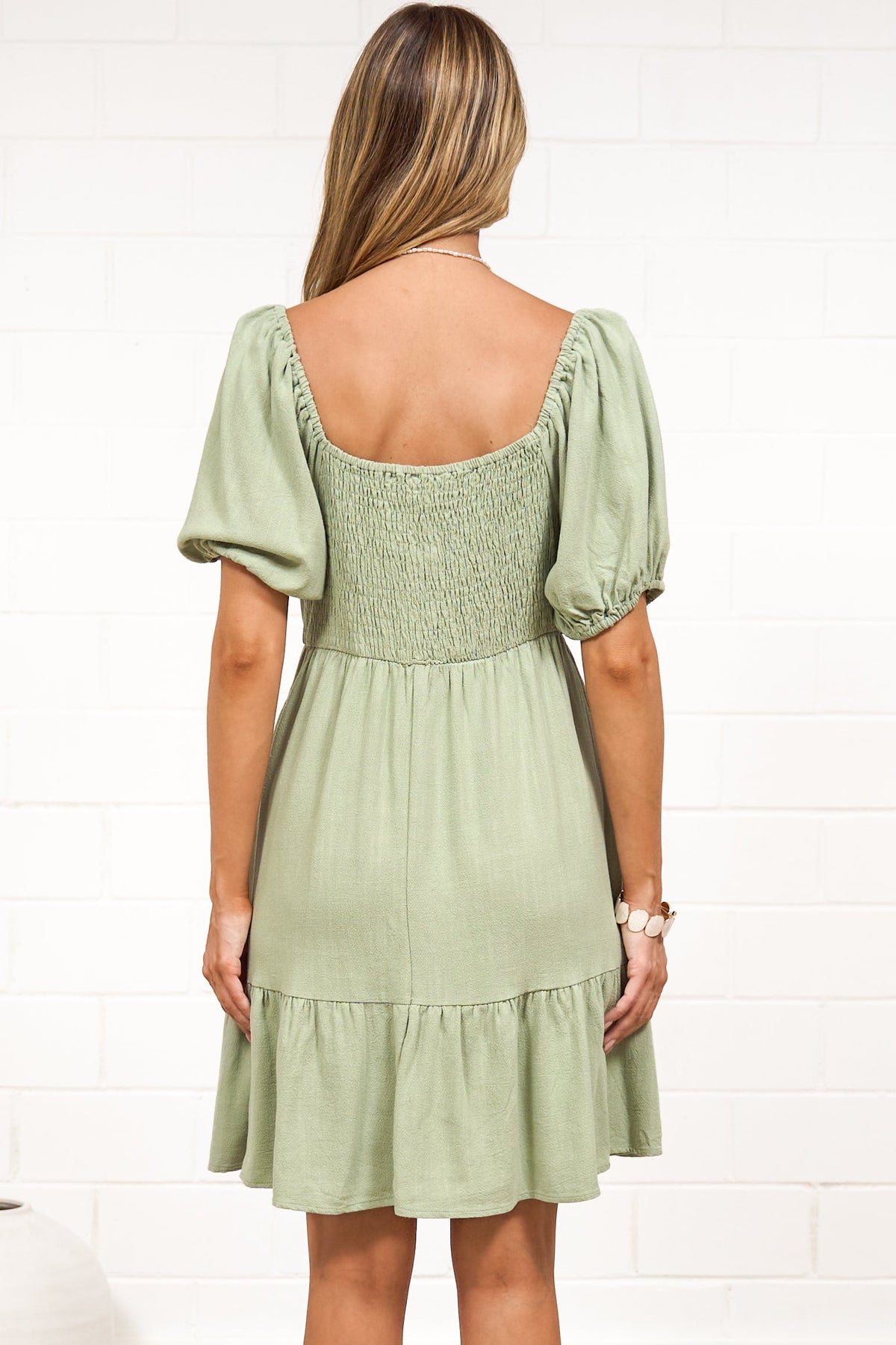 Michi Mini Dress - Sweetheart Neckline Mini with Tie Detail and Puff Sleeves in Sage