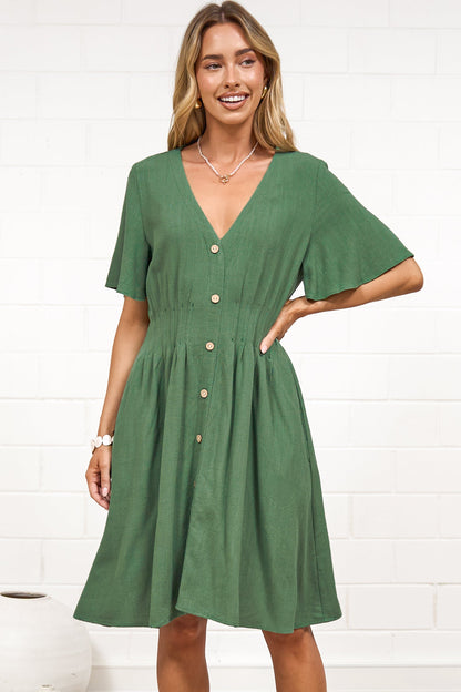 Karin Mini Dress - V Neck Flutter Sleeve Mini with Decorative Front Button Placket in Green