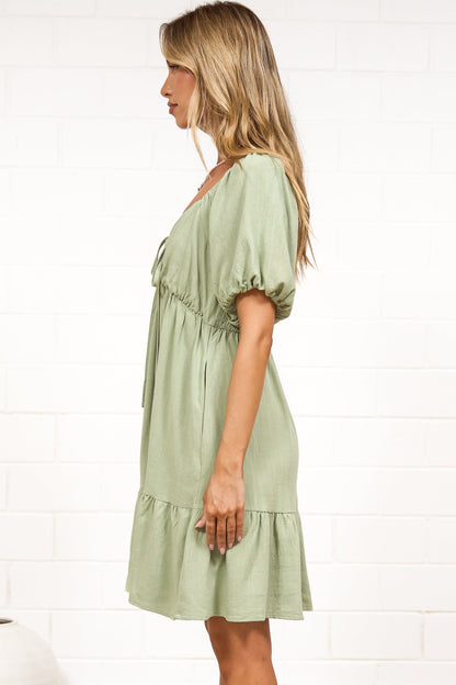 Michi Mini Dress - Sweetheart Neckline Mini with Tie Detail and Puff Sleeves in Sage