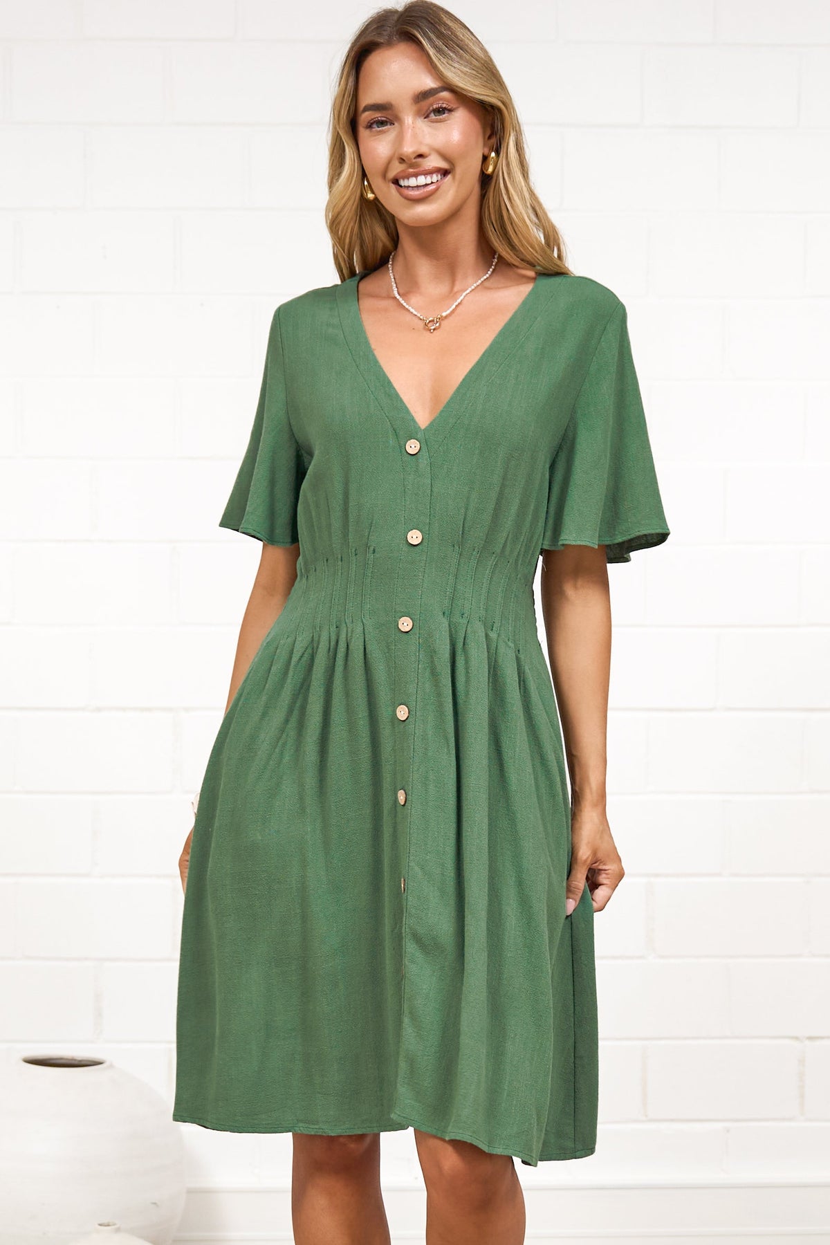 Karin Mini Dress - V Neck Flutter Sleeve Mini with Decorative Front Button Placket in Green