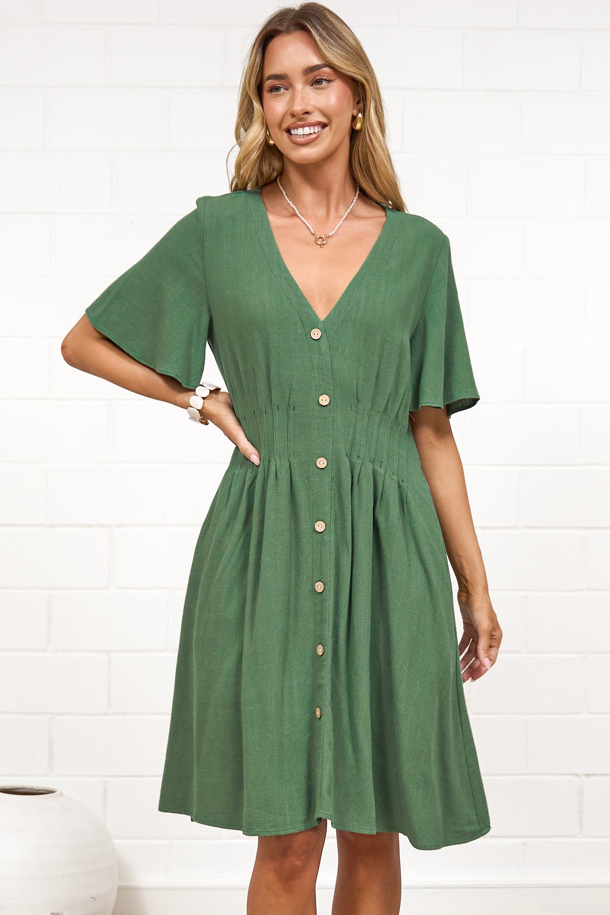 Karin Mini Dress - V Neck Flutter Sleeve Mini with Decorative Front Button Placket in Green