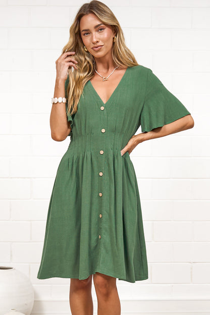 Karin Mini Dress - V Neck Flutter Sleeve Mini with Decorative Front Button Placket in Green