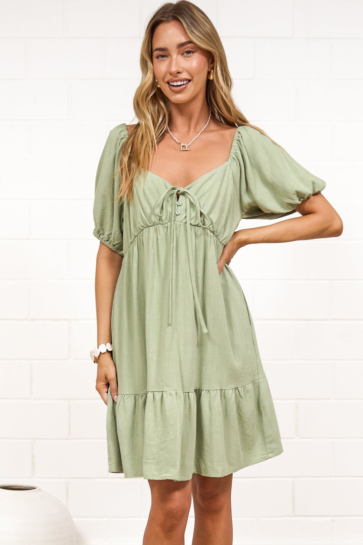 Michi Mini Dress - Sweetheart Neckline Mini with Tie Detail and Puff Sleeves in Sage