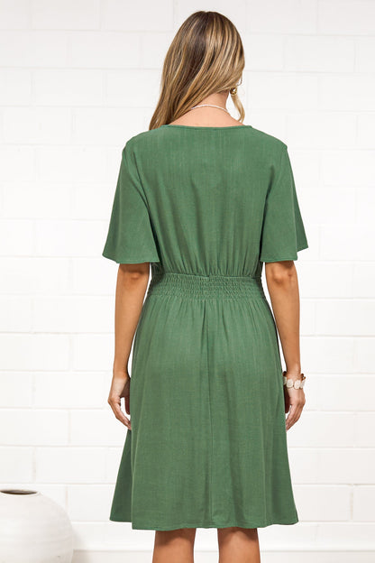Karin Mini Dress - V Neck Flutter Sleeve Mini with Decorative Front Button Placket in Green