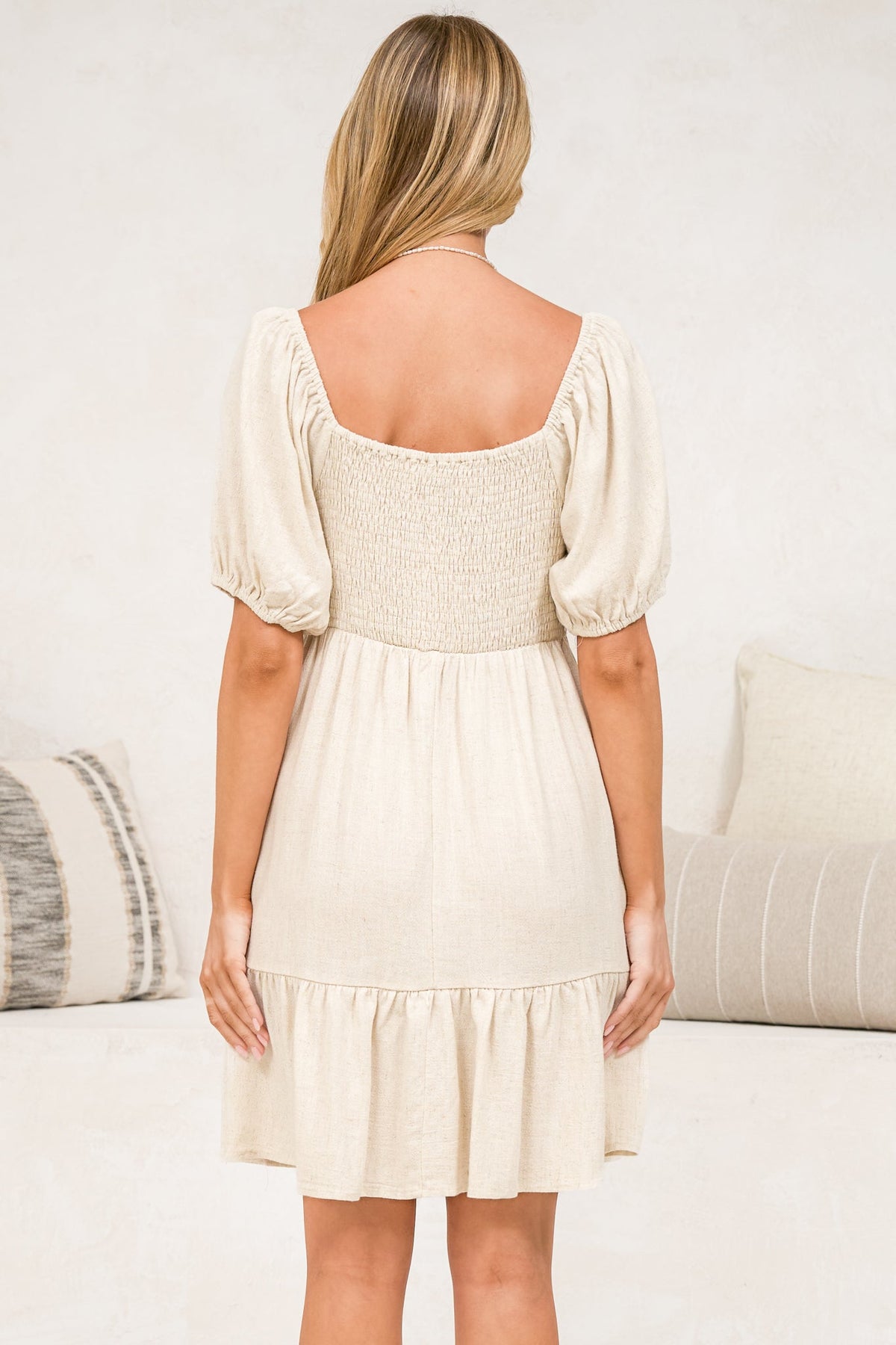 Michi Mini Dress - Sweetheart Neckline Mini with Tie Detail and Puff Sleeves in Beige