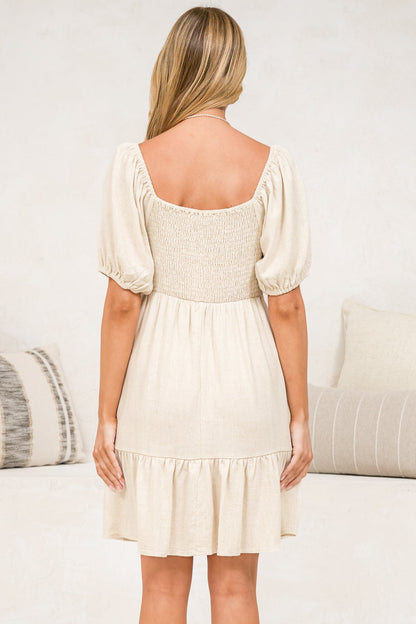 Michi Mini Dress - Sweetheart Neckline Mini with Tie Detail and Puff Sleeves in Beige