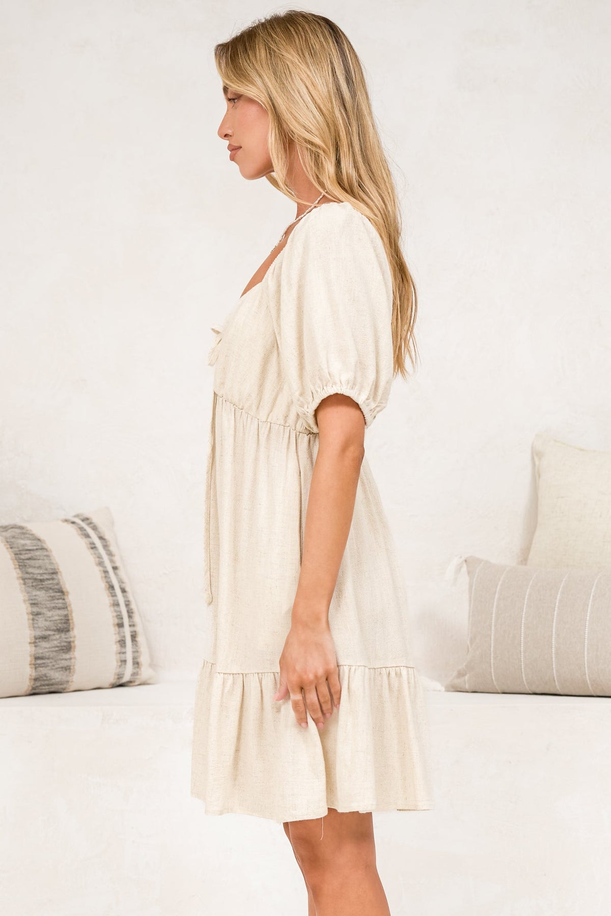 Michi Mini Dress - Sweetheart Neckline Mini with Tie Detail and Puff Sleeves in Beige