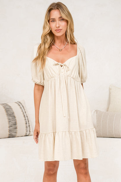 Michi Mini Dress - Sweetheart Neckline Mini with Tie Detail and Puff Sleeves in Beige