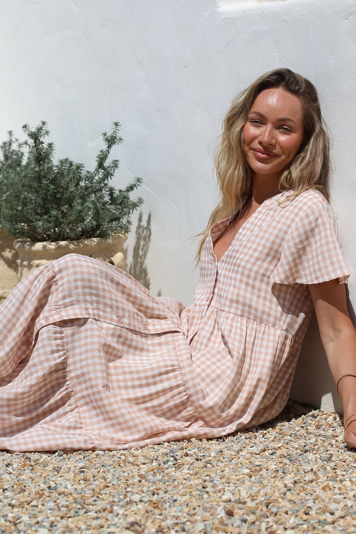 Milla Midi Dress - Tiered Button Down Dress in Gingham Mistee Print Beige