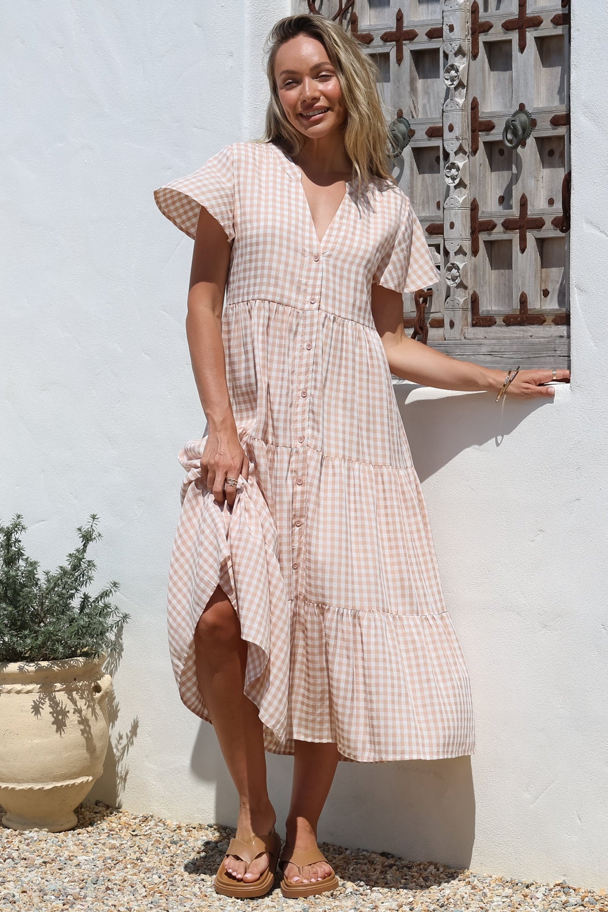 Milla Midi Dress - Tiered Button Down Dress in Gingham Mistee Print Beige