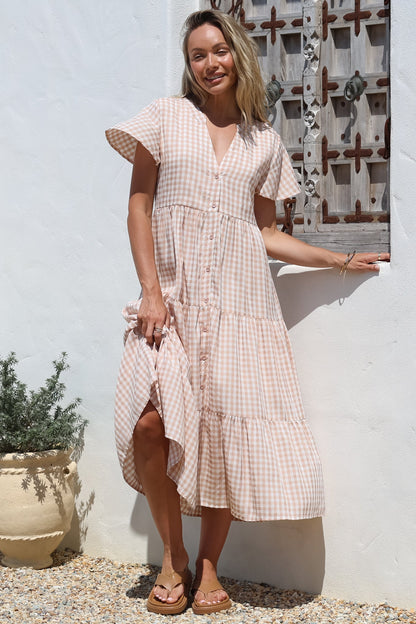Milla Midi Dress - Tiered Button Down Dress in Gingham Mistee Print Beige