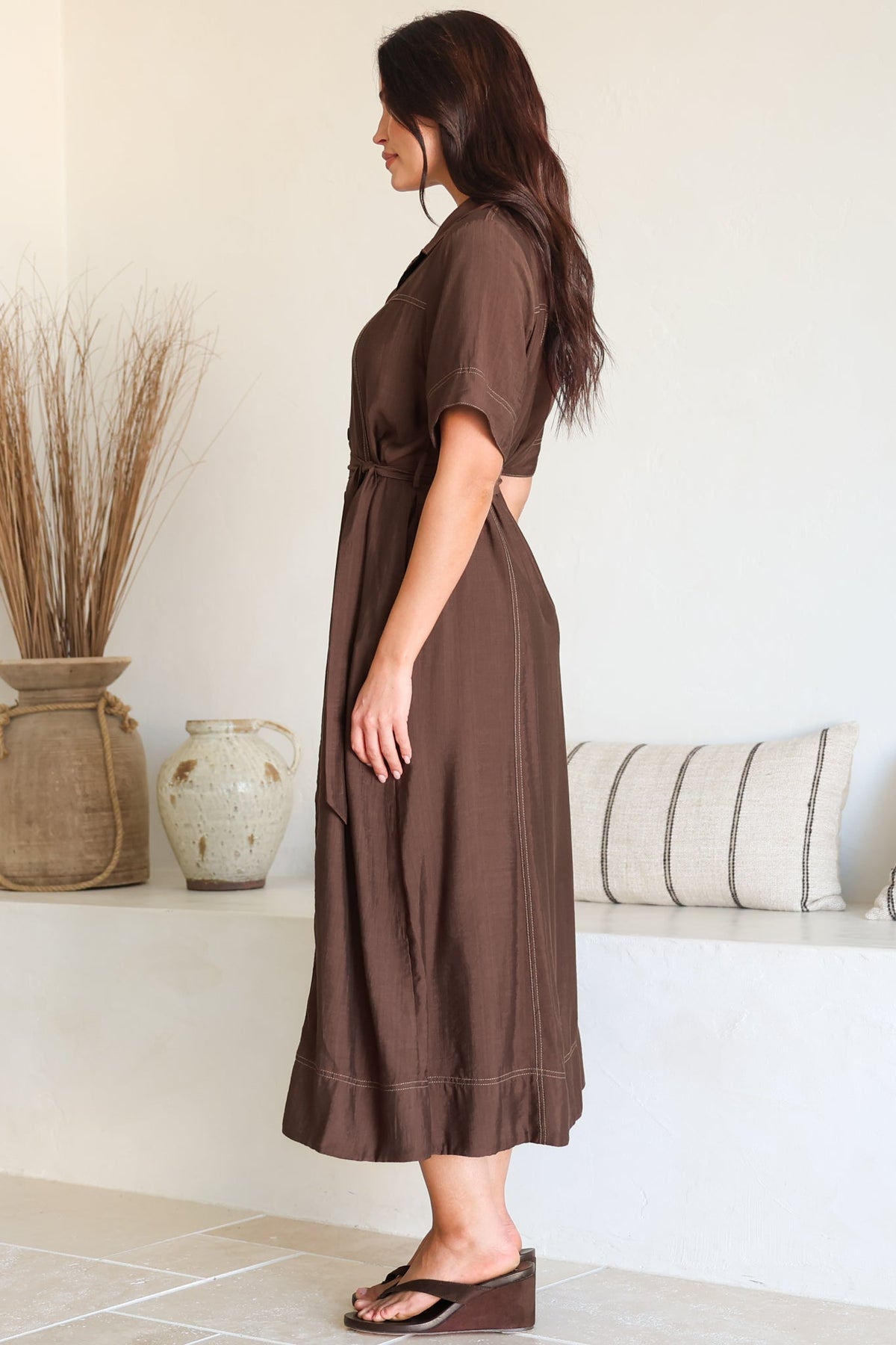 Miranda Midi Dress - Contrast Stitching Shirt Dress with Matching Waist Tie in Chocolate