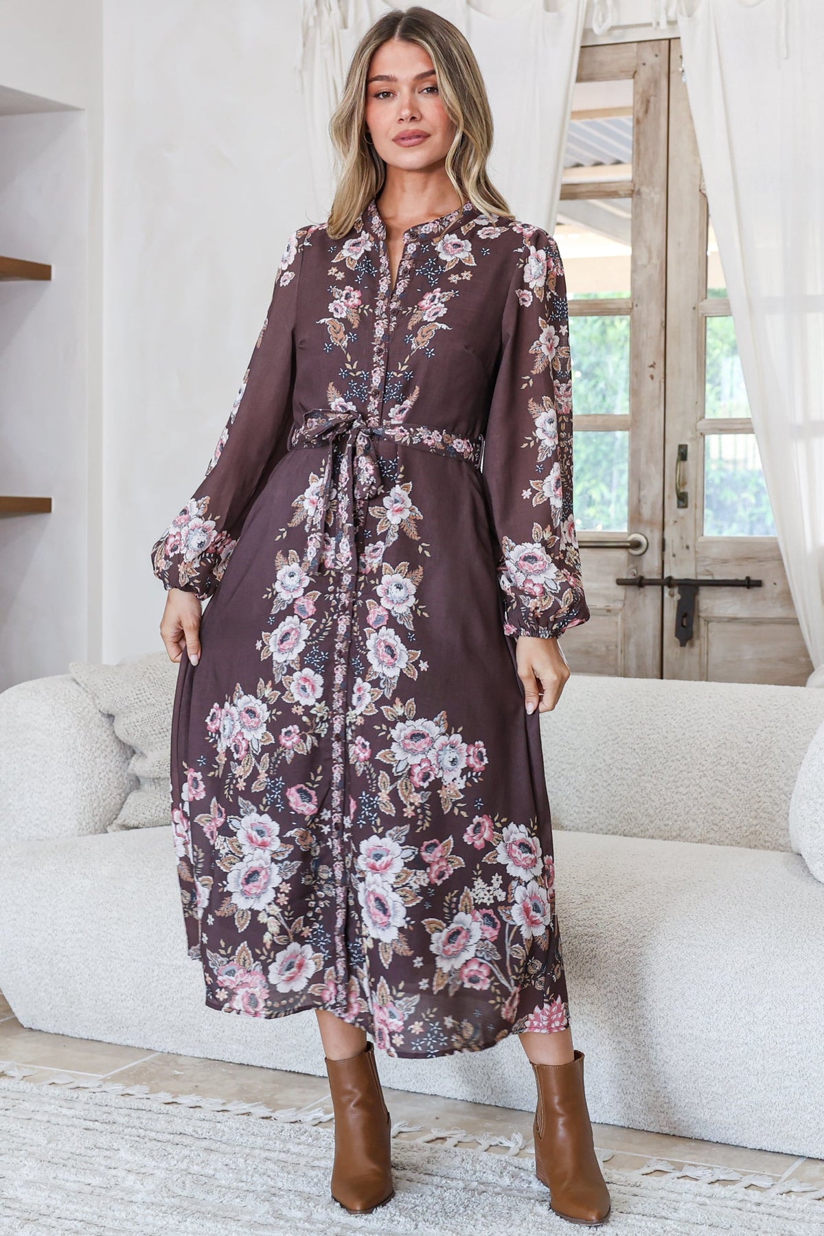 Moreana Midi Dress - Mandarin Collar Button Down Long Sleeves with Belt in Fontana Print Brown