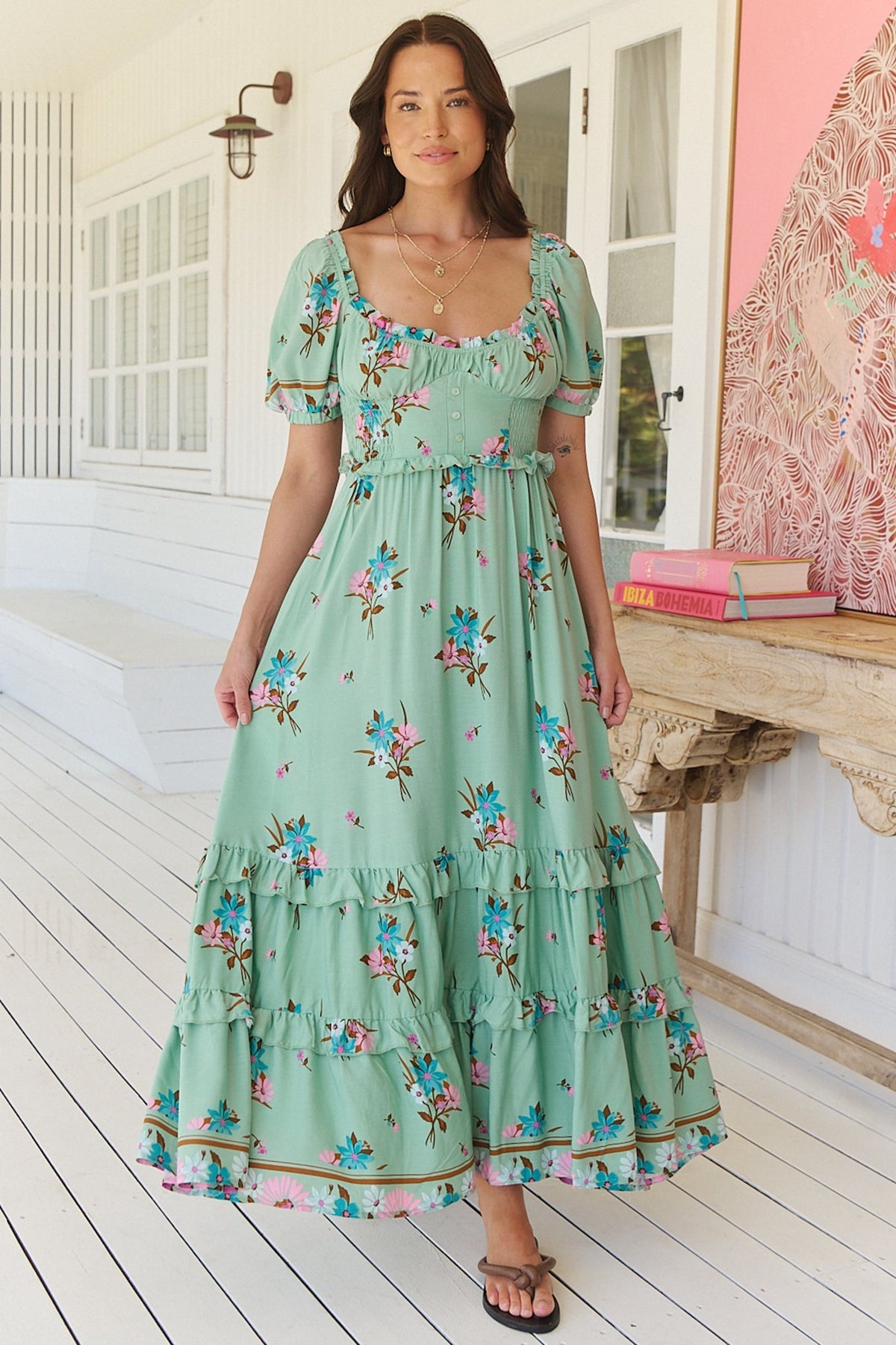 JAASE - Moyo Midi Dress: A-Line Dress with Frill Splicing and Milkmaid Neckline in Maribel Print