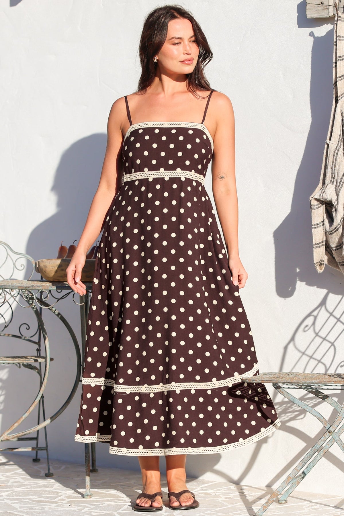 Novalie Midi Dress - Spaghetti Strap Sun Dress with Lace Splicing and Pockets in Polka Chocolate