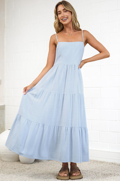 Palmer Midi Dress - Tiered Sun Dress with Pockets in Blue
