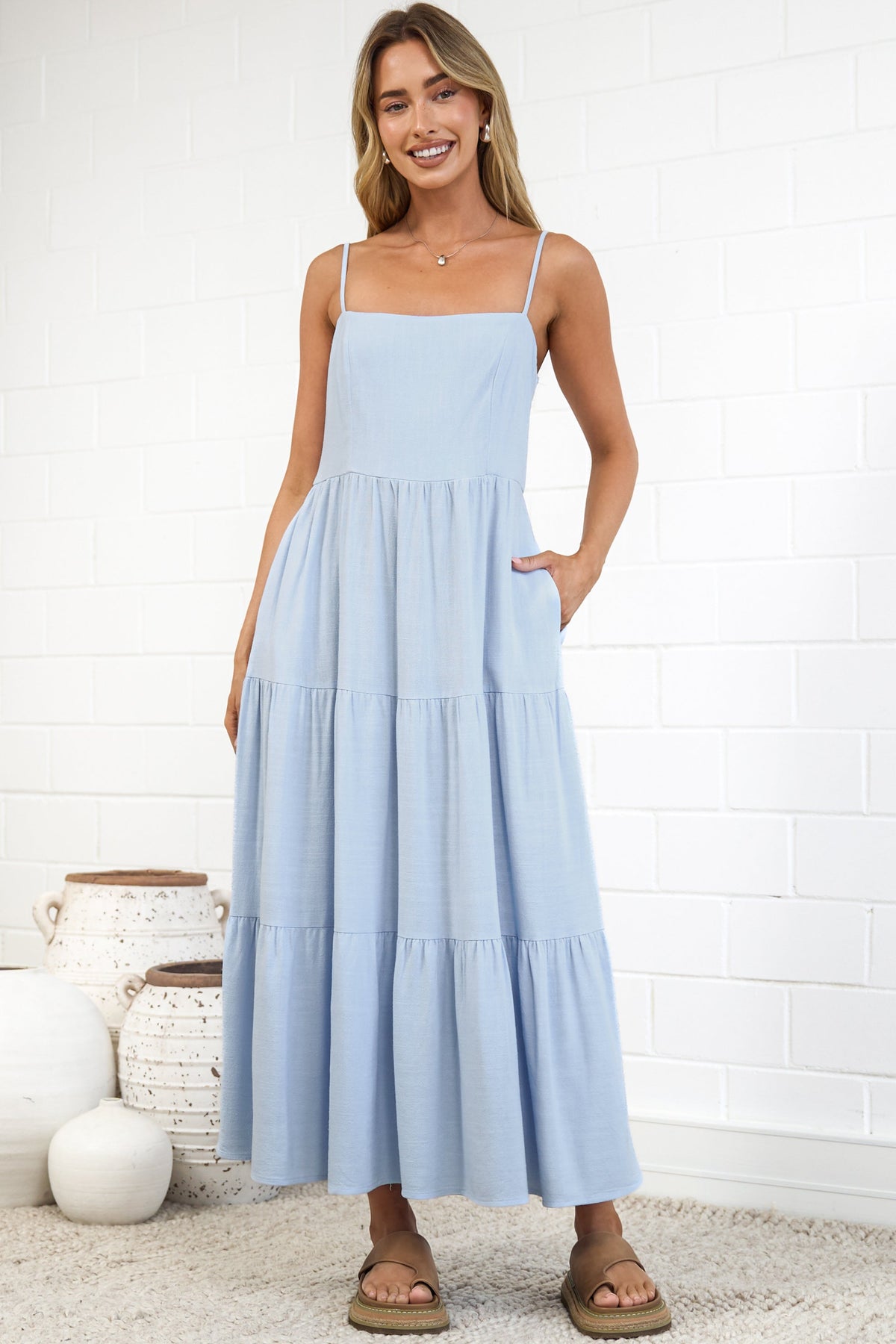 Palmer Midi Dress - Tiered Sun Dress with Pockets in Blue