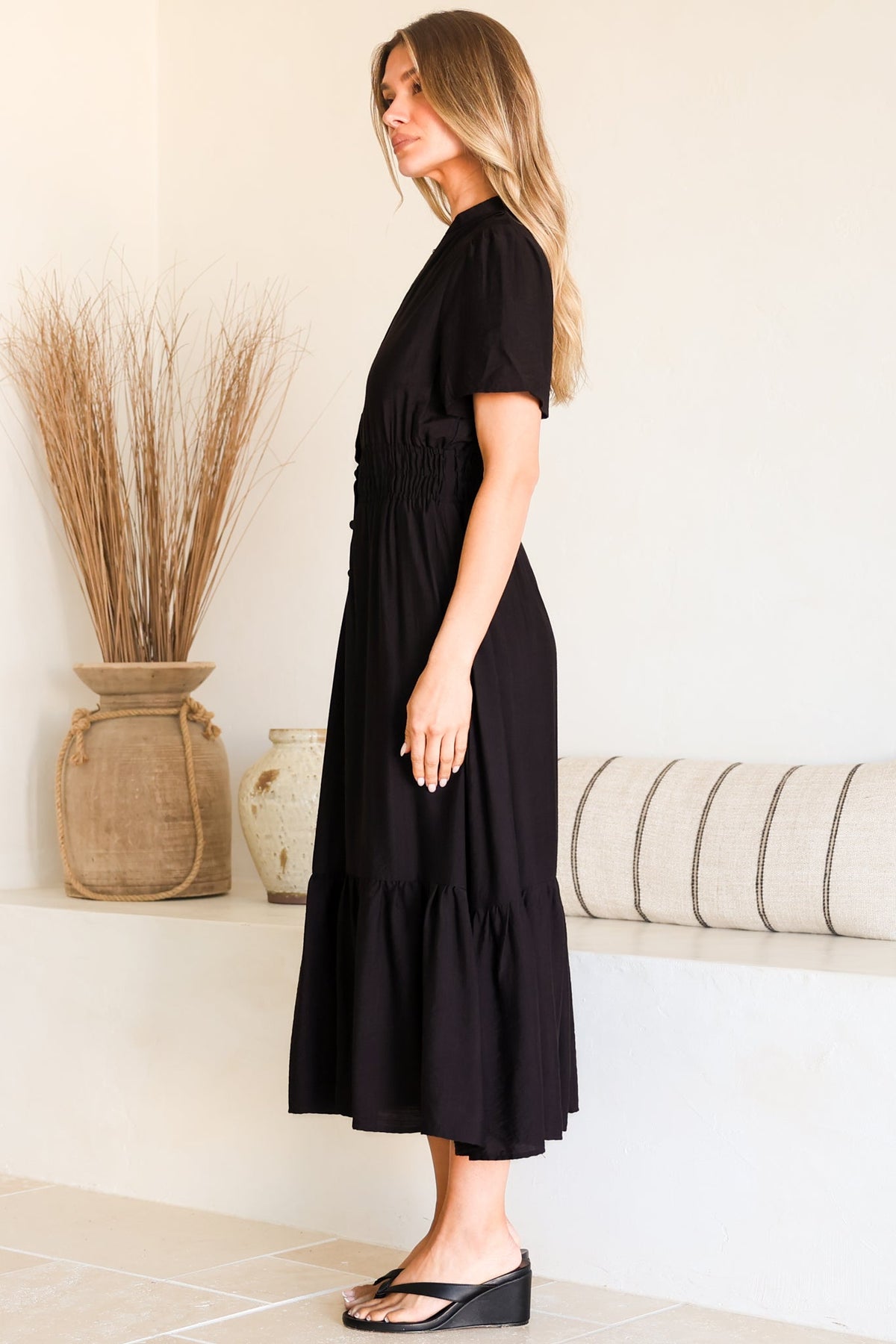Paloma Midi Dress - Mandarin Split Collar A Line Button Down with Cap Sleeves in Black