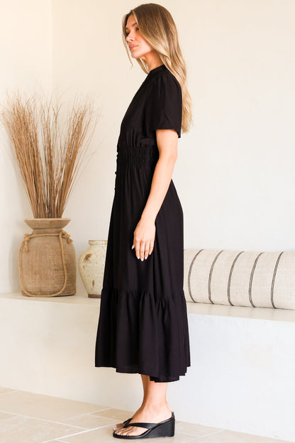 Paloma Midi Dress - Mandarin Split Collar A Line Button Down with Cap Sleeves in Black