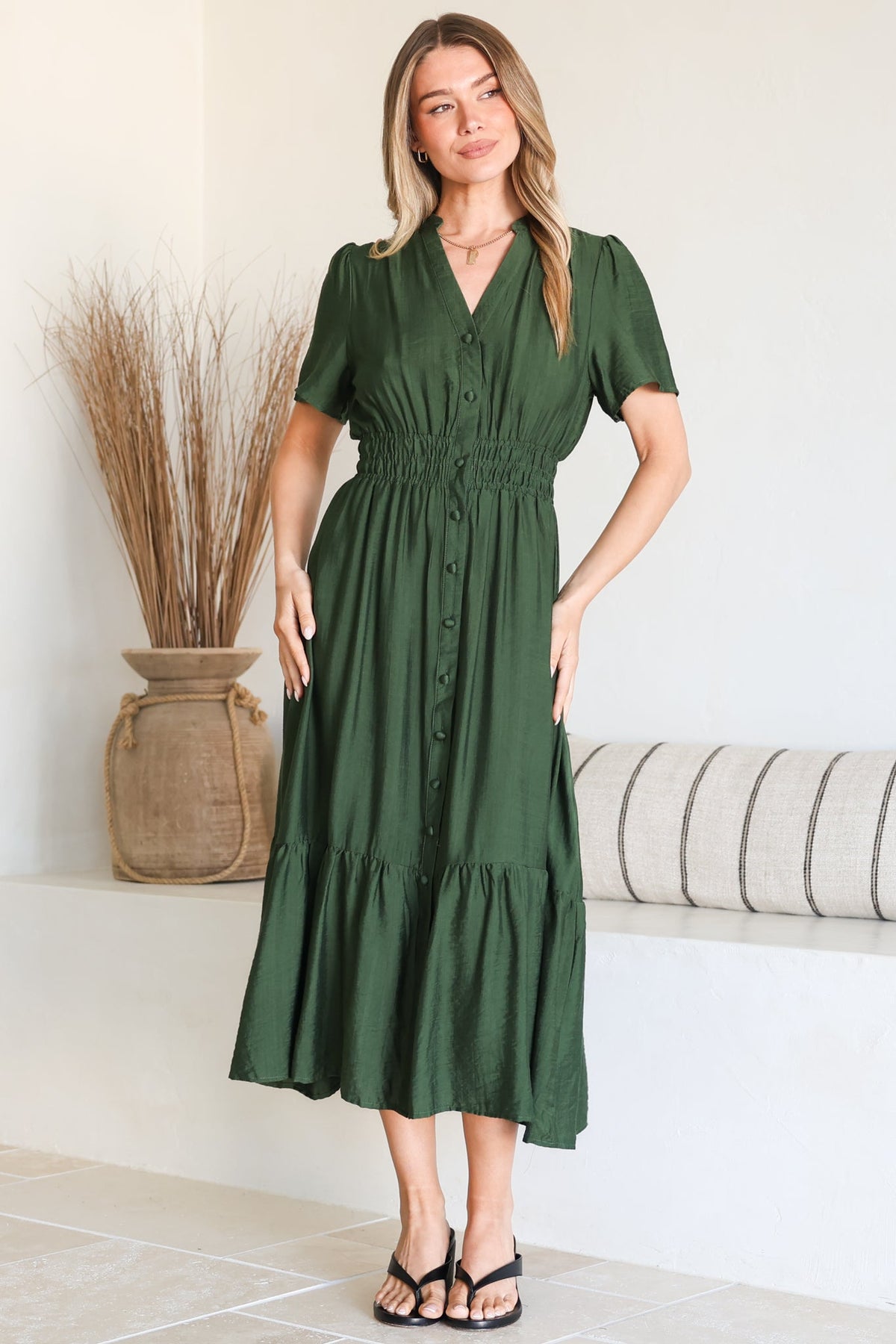 Paloma Midi Dress - Mandarin Split Collar A Line Button Down with Cap Sleeves in Emerald