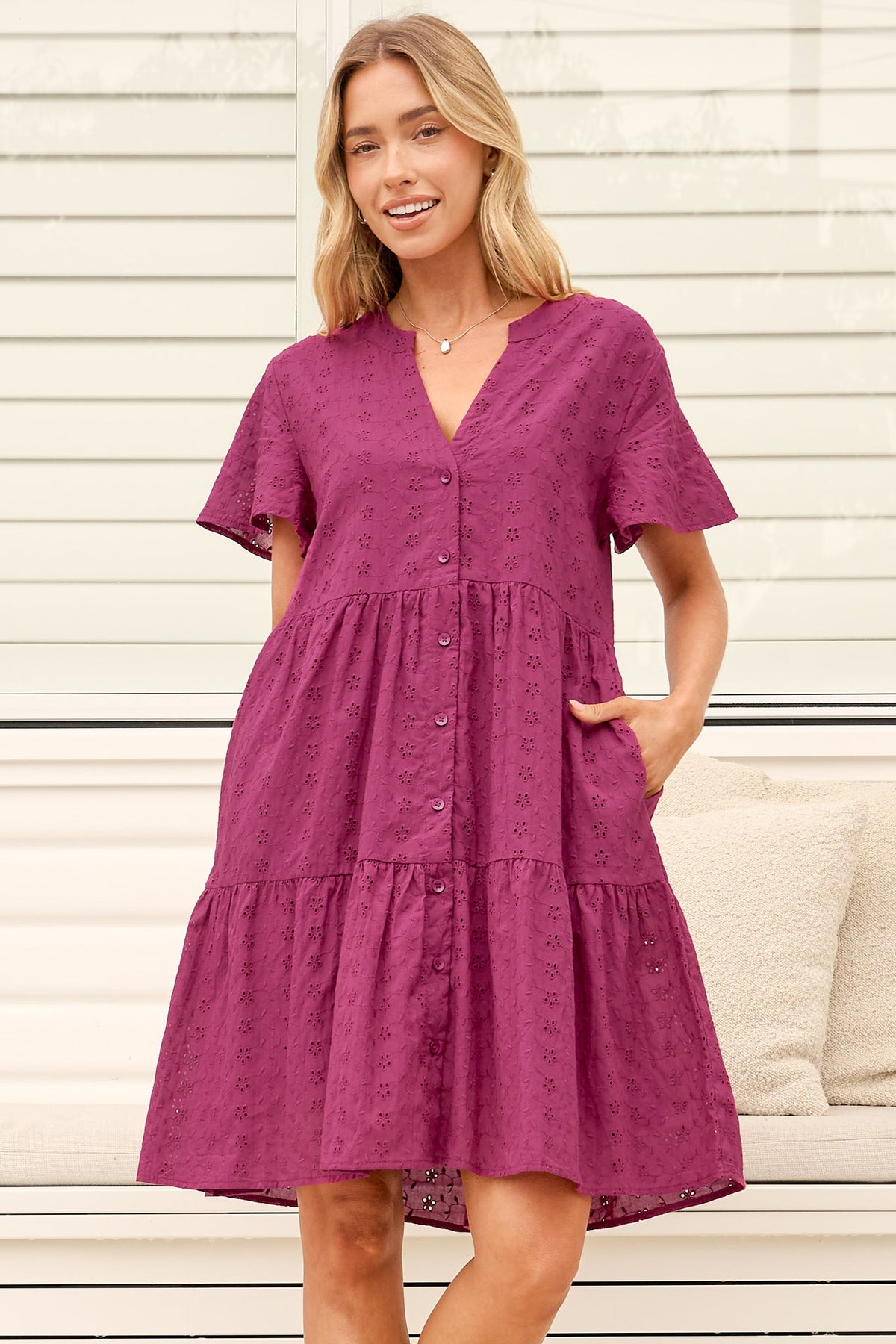 Prisha Mini Dress - Mandarin Split Collar Cotton Lace Button Down with Cap Sleeves in Wine