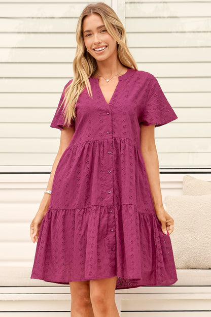 Prisha Mini Dress - Mandarin Split Collar Cotton Lace Button Down with Cap Sleeves in Wine