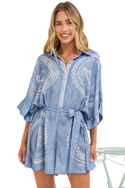 Robina Playsuit - Collared Button Down Front with Detatchable Waist Tie in Moana Print