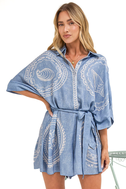Robina Playsuit - Collared Button Down Front with Detatchable Waist Tie in Moana Print