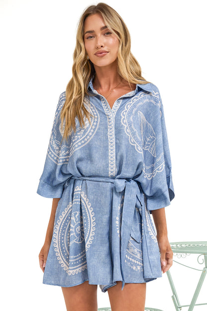 Robina Playsuit - Collared Button Down Front with Detatchable Waist Tie in Moana Print