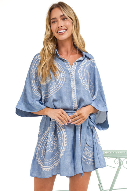 Robina Playsuit - Collared Button Down Front with Detatchable Waist Tie in Moana Print