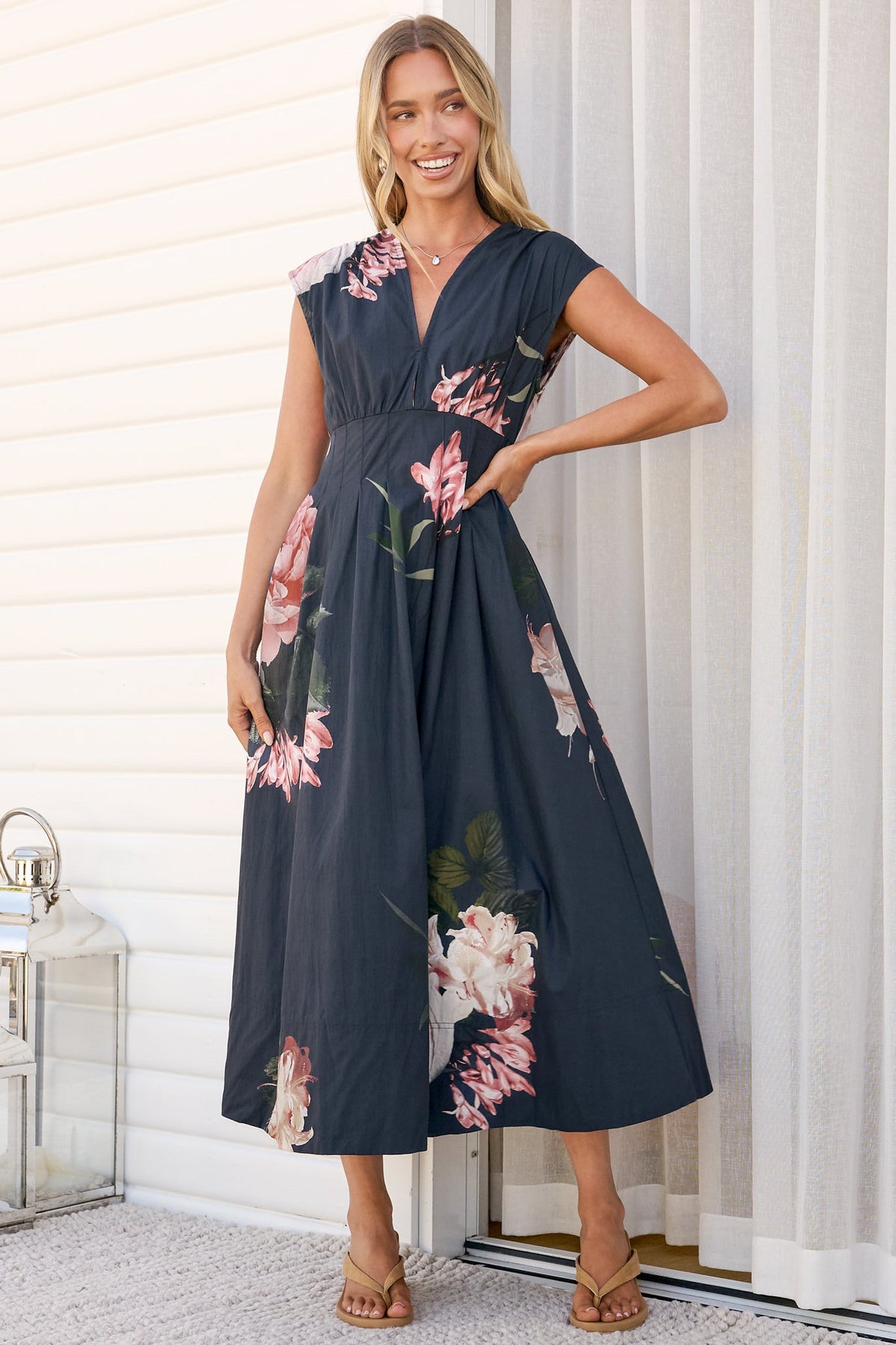 Samira Midi Dress - Cap Sleeve A Line Dress with Pockets in Mika Print Navy