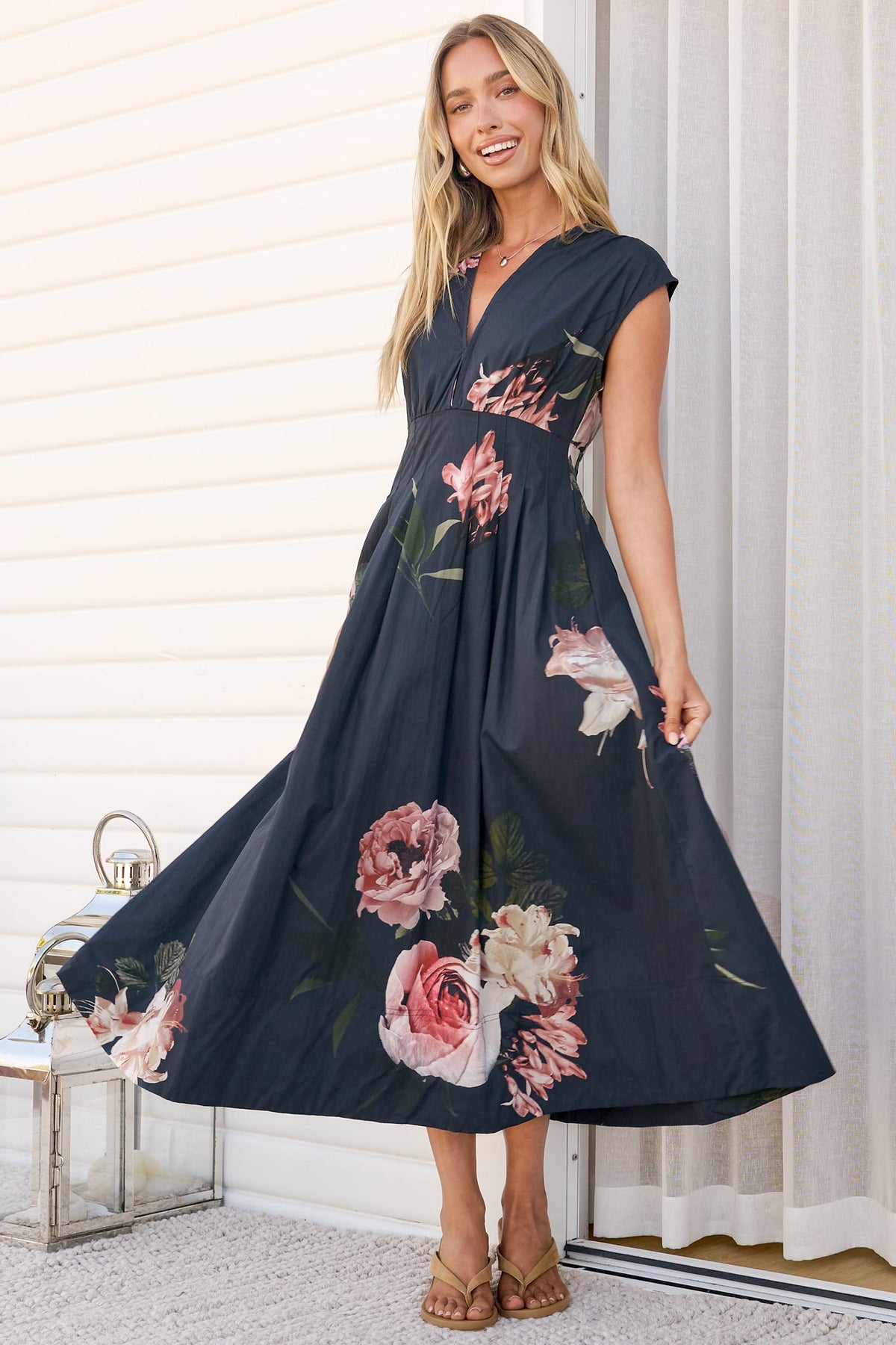 Samira Midi Dress - Cap Sleeve A Line Dress with Pockets in Mika Print Navy