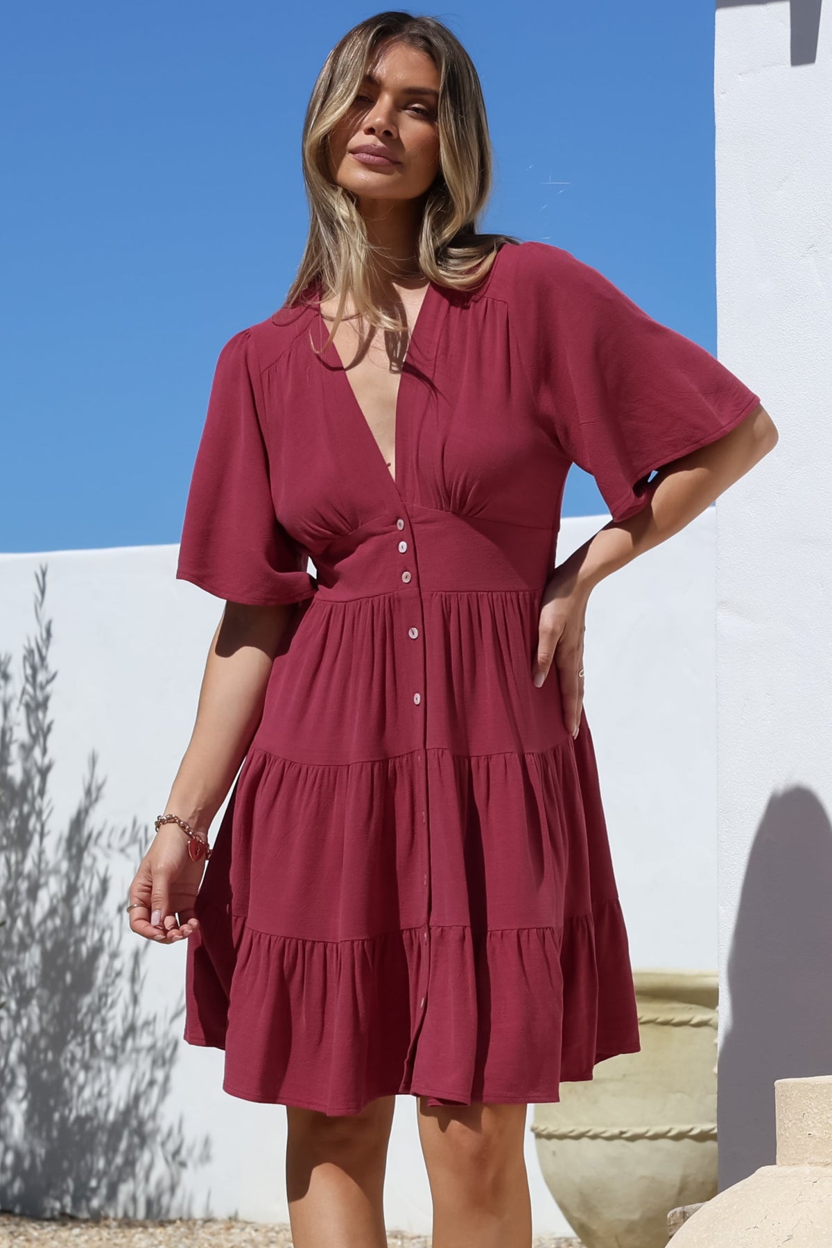 Sana Mini Dress - Bell Sleeve Button Down V Neck Dress in Berry