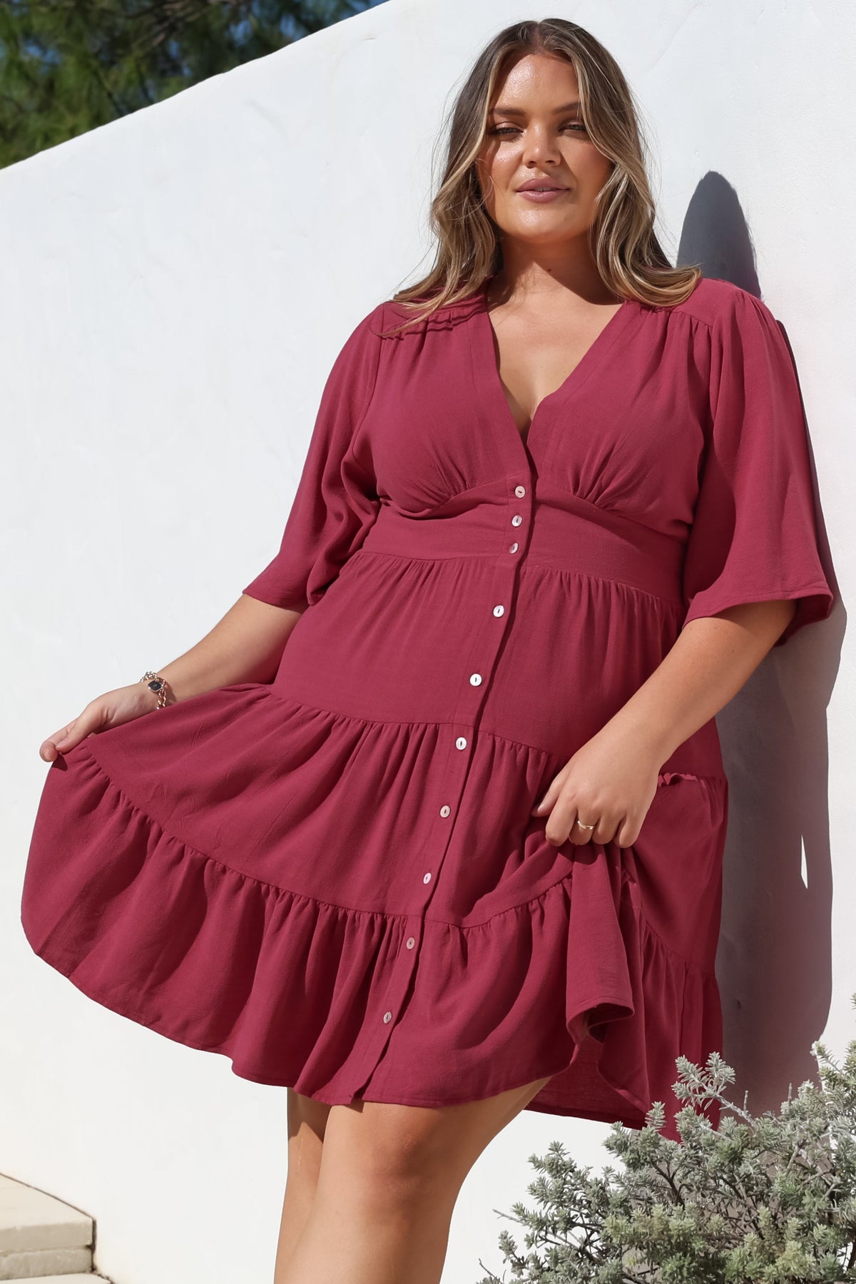Sana Mini Dress - Bell Sleeve Button Down V Neck Dress in Berry