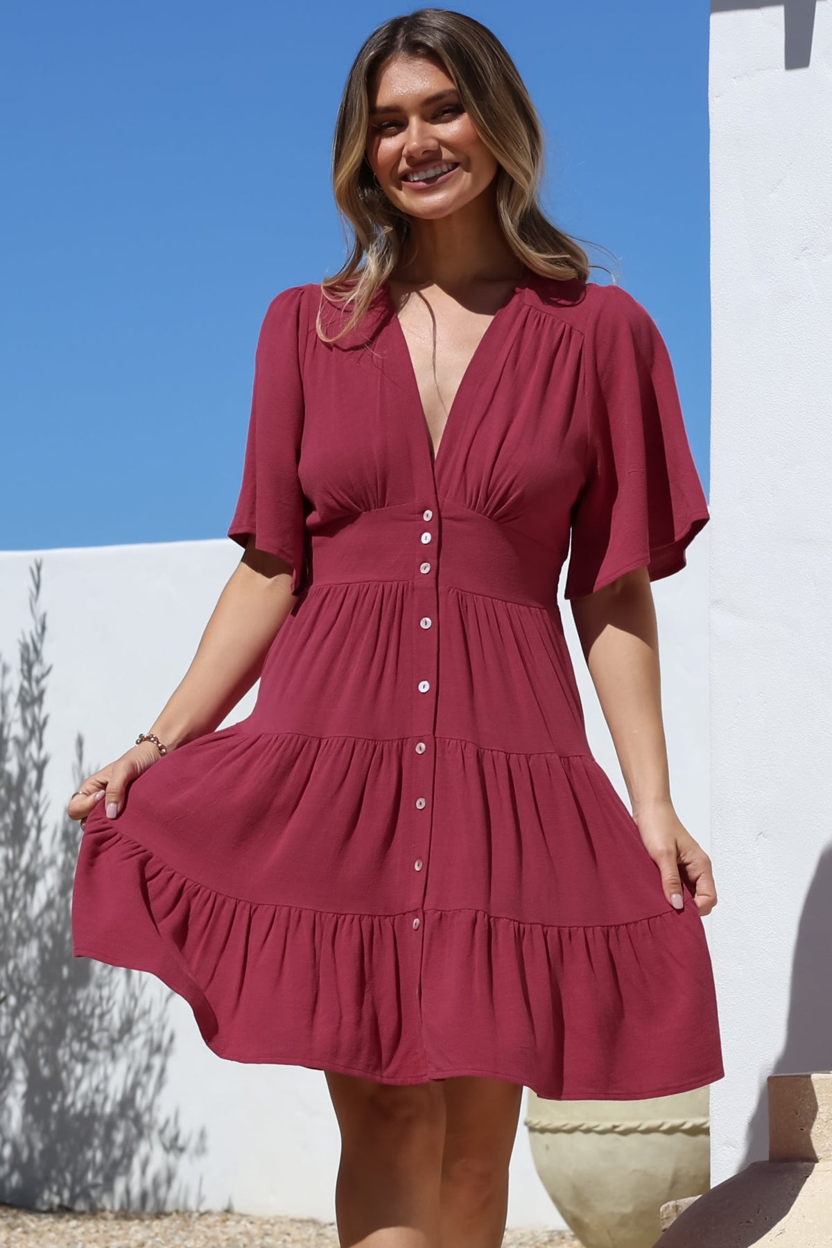 Sana Mini Dress - Bell Sleeve Button Down V Neck Dress in Berry