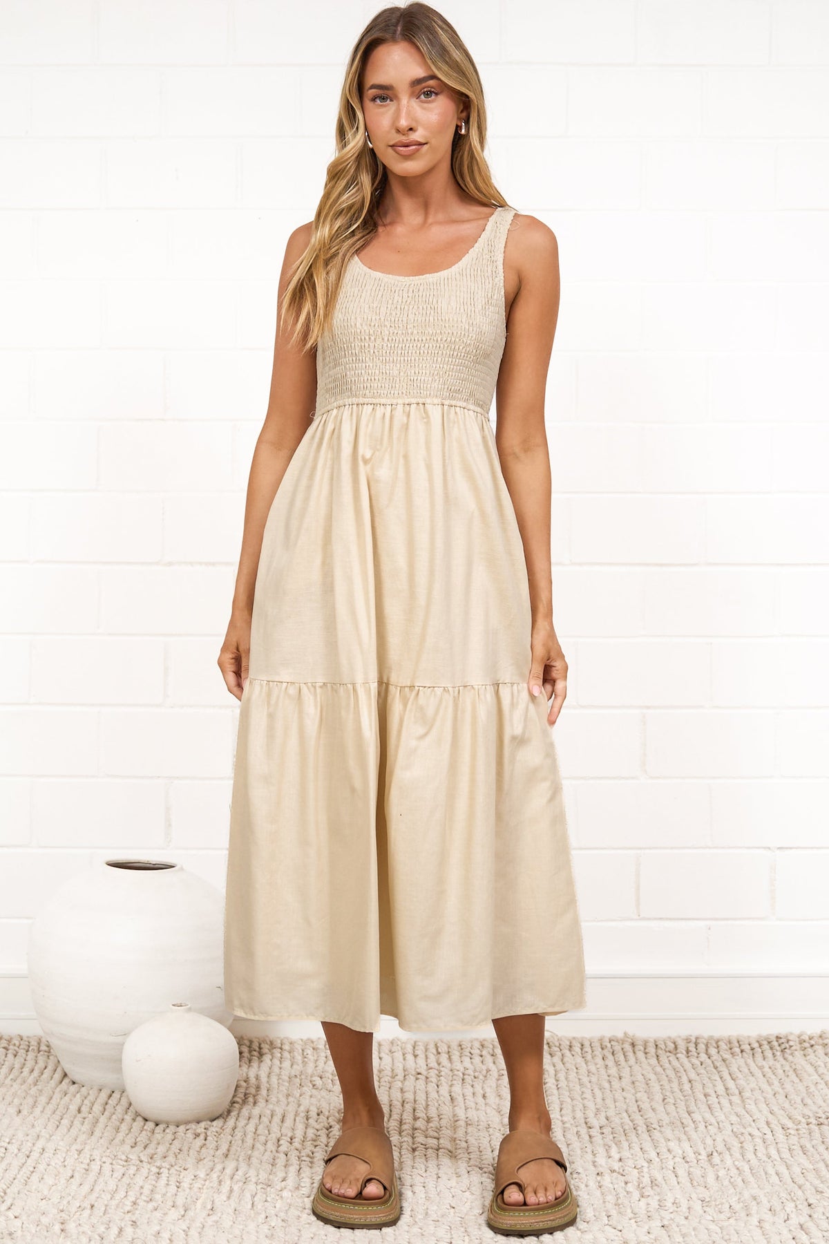 Sarlie Midi Dress - Shirred Bodice Cotton/Linen Blend Tiered Dress in Beige