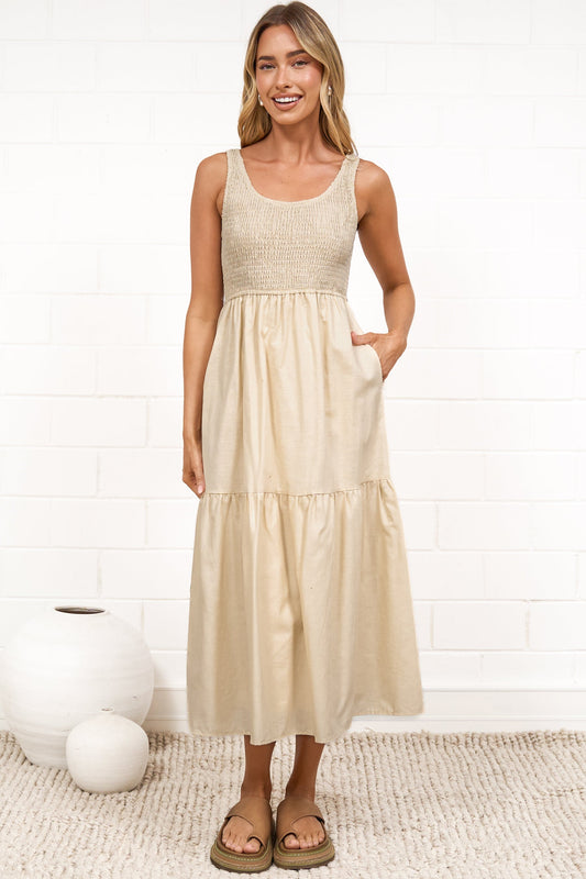 Sarlie Midi Dress - Shirred Bodice Cotton/Linen Blend Tiered Dress in Beige