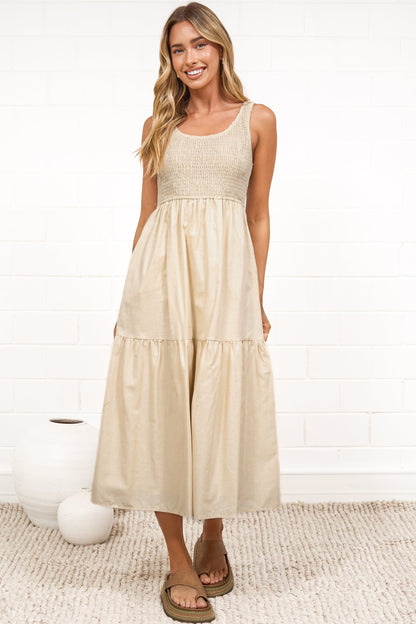 Sarlie Midi Dress - Shirred Bodice Cotton/Linen Blend Tiered Dress in Beige