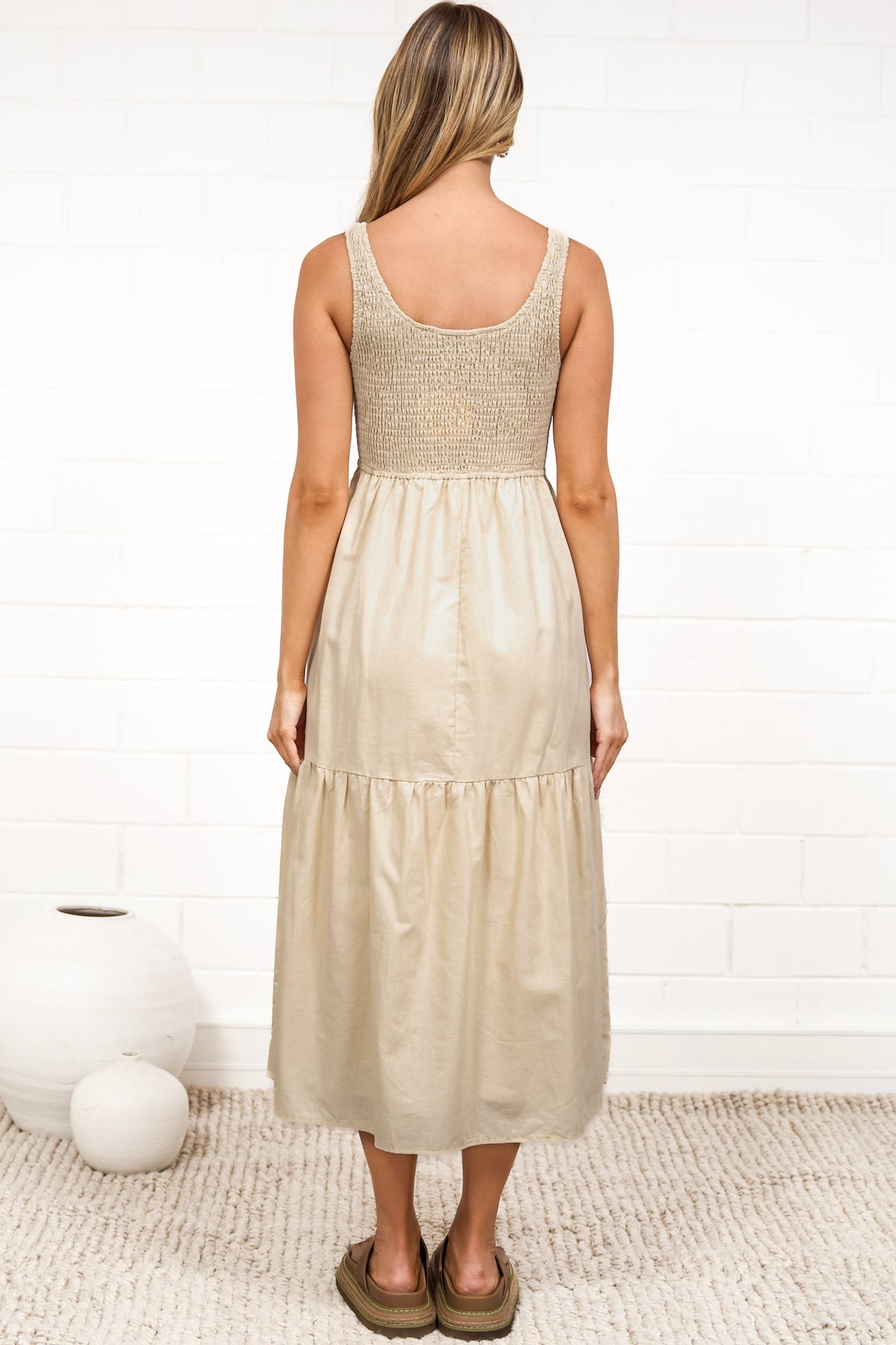 Sarlie Midi Dress - Shirred Bodice Cotton/Linen Blend Tiered Dress in Beige