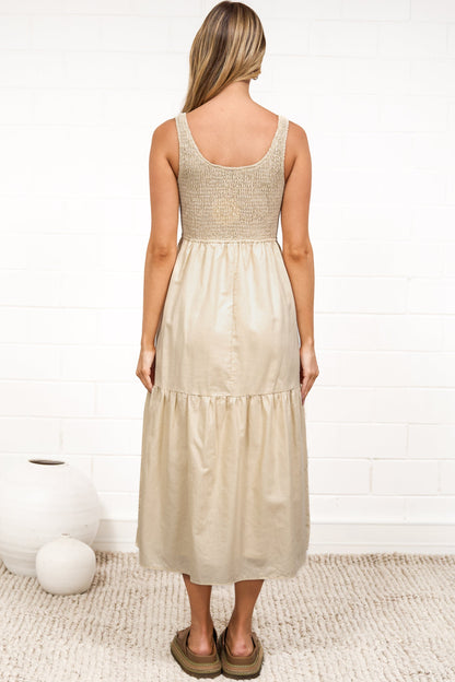 Sarlie Midi Dress - Shirred Bodice Cotton/Linen Blend Tiered Dress in Beige